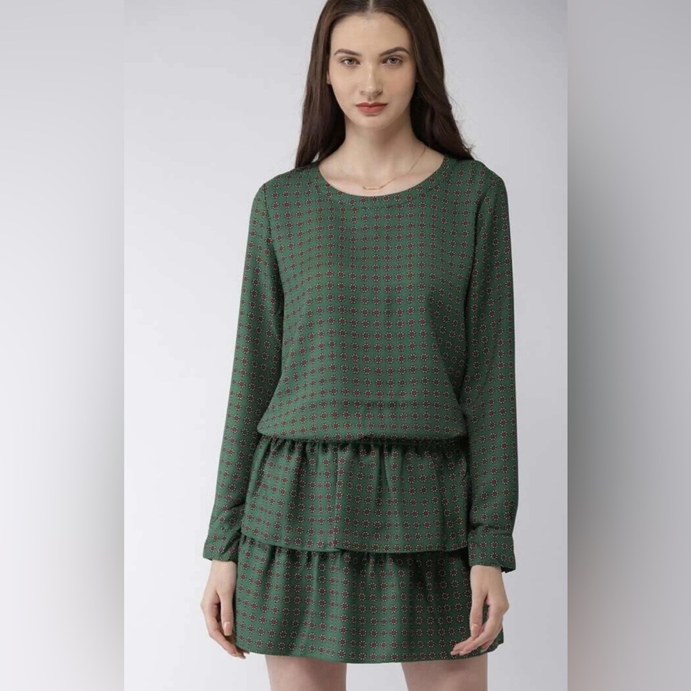Scotch & Soda Small Dress Fit Flare Tiered Maison Floral Green Geometric